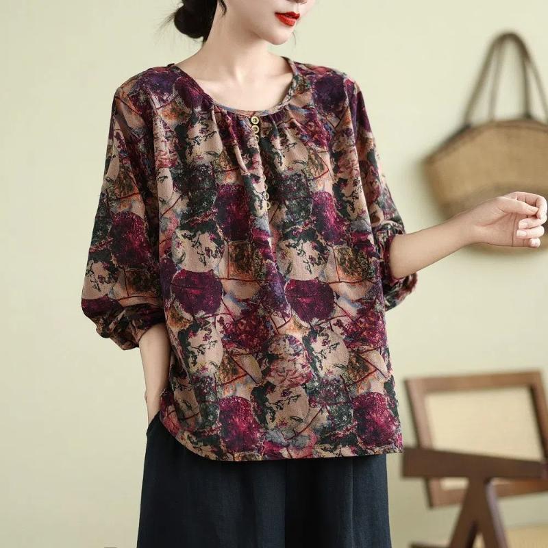 Stile Cinese Vintage Autunno Inverno Donna Scollo a O Bottoni Stampa Semplicità Moda Manica Lunga Larghi Pullover Magliette Top