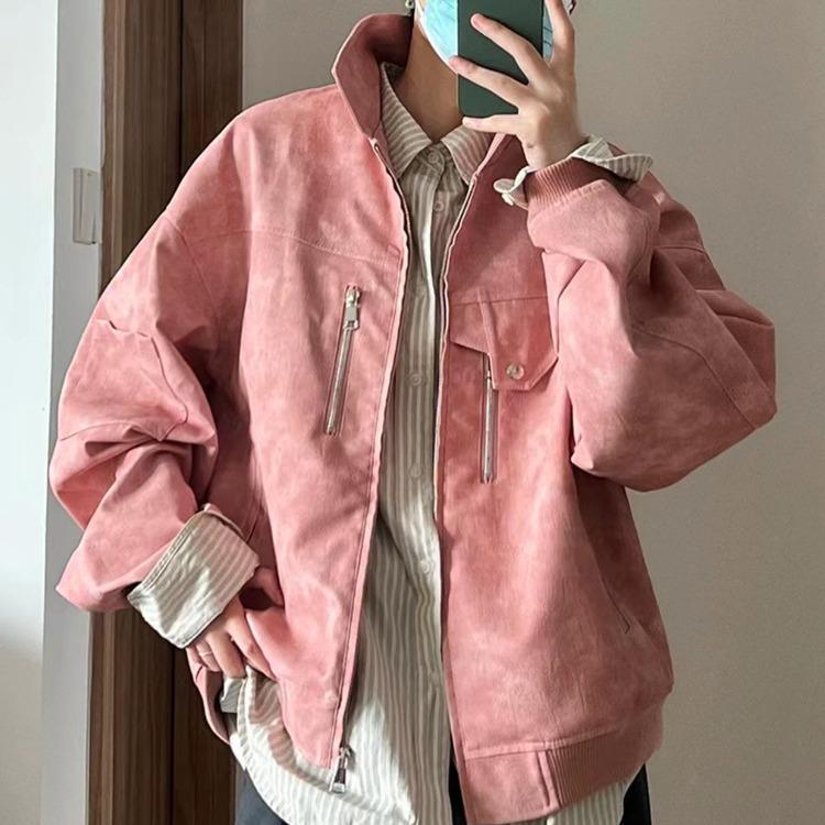 

Couples American Retro Short Pink Jacket: Loose, Vintage Leather Style for Spring & Autumn XXL сірий колір