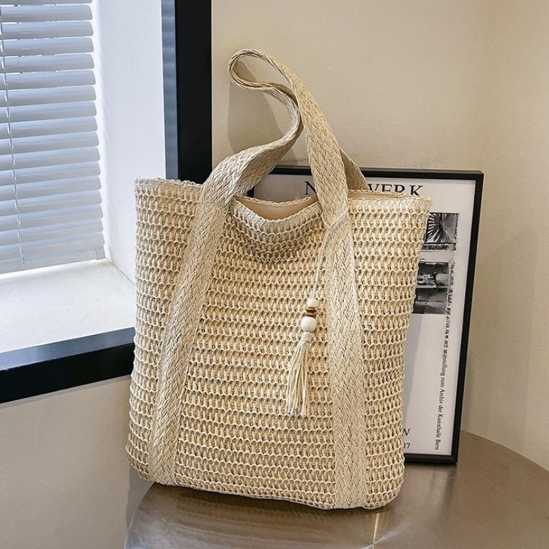 Summer Solid Color Woven Shoulder Bags for Women Large Capacity Ladies Straw Handbags Vacati Style Female Beach Tote Bag