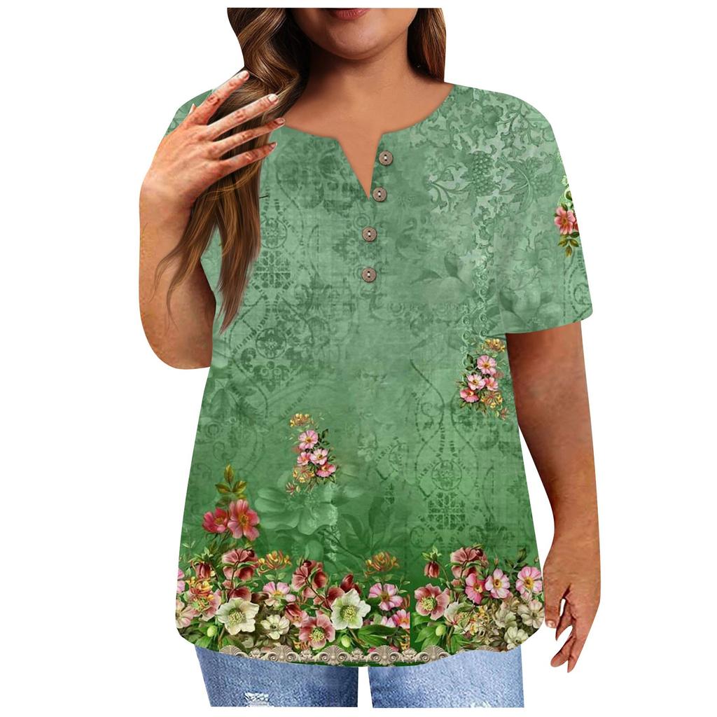 Camisa de manga corta para mujer, con botones, talla grande, camiseta informal con estampado de flores