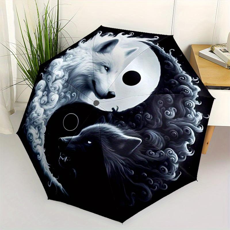 1pc Wolf YinYang Automatic Open/close, Heavy-Duty Iron Frame & 8-Rib Structure, Compact Folding Umbrella for Women/Men, All-Season Travel, Halloween a