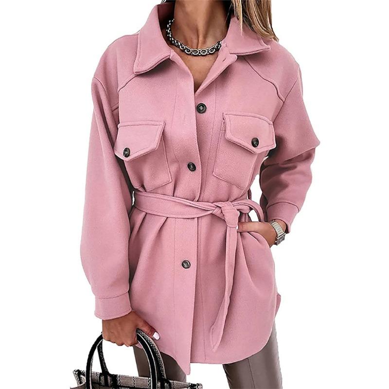 

Осень Зима Кардиган с длинным рукавом Женские пальто Большого размера Однотонный Повседневный Свободный Простой Лацкан Пуговица Шерстяные куртки Карманы На шнуровке Женская одежда 3XL розовый