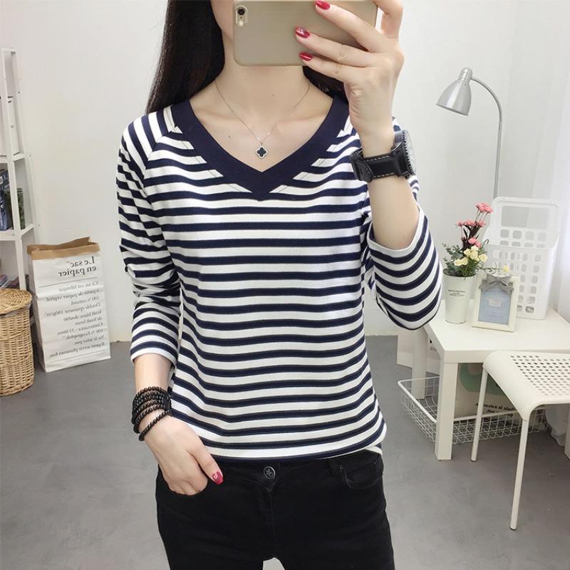 

Cotton V-neck Long-sleeved T-shirt Women s Spring Loose Large Size Bottoming Shirt Top Women s Stripes 5XL