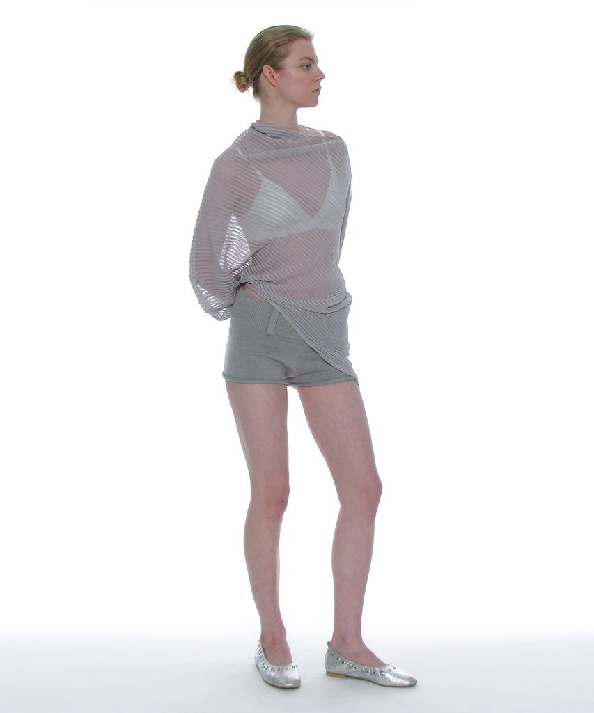 PARTIMENTO WOMEN Sheer Asymmetrical Knit Crew Neck_Light Gray