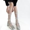 Ballet-Style White Lace Trim Bow-Knot Mid-Calf Nylon Pile-Up Socks Sparkly Sweet Style Summer Thin