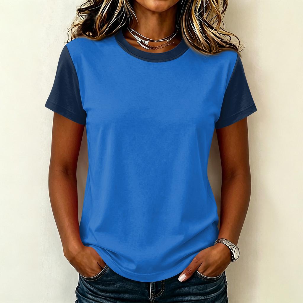 Women’s Casual Crew Neck Short Sleeve Pullover T Shirt Stitching Loose Fit Basic Top for Daily Wear