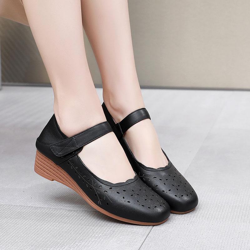 Mode GKTINOO 2025 Keilabsatzschuhe Sandalen aus echtem Leder Sommer Hohle Damen Sandalen Komfort Weiche Freizeitsandalen Große Größe