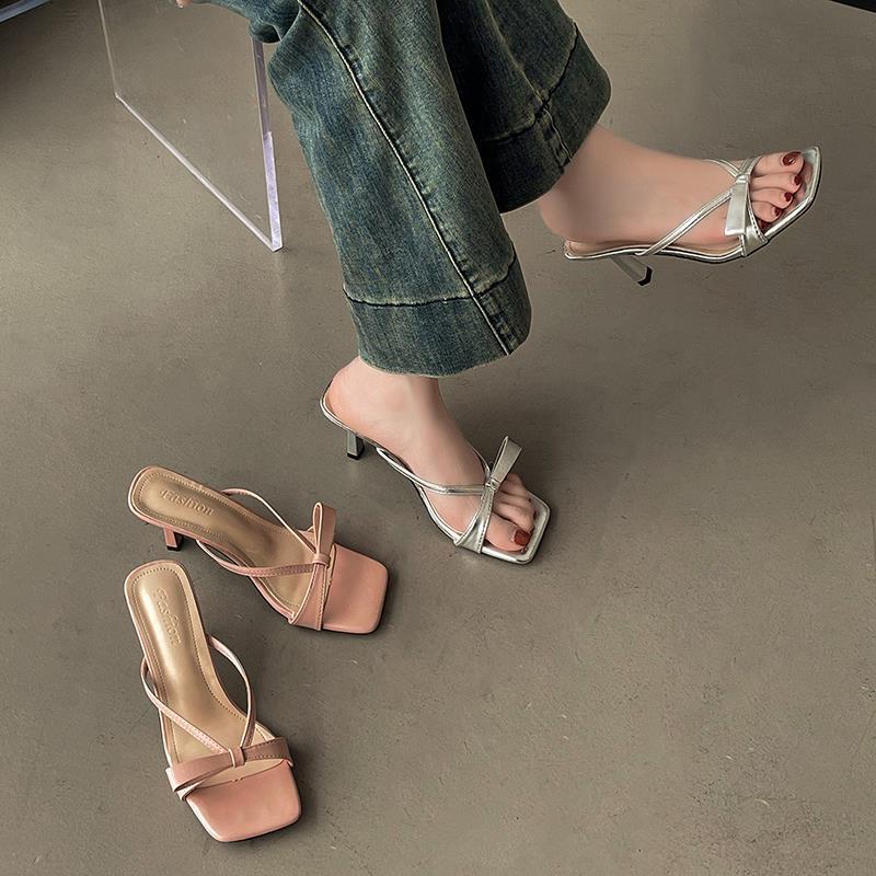 Daily sexy pure desire style square head thin heel sandals new summer wear high value personalized bow high heels