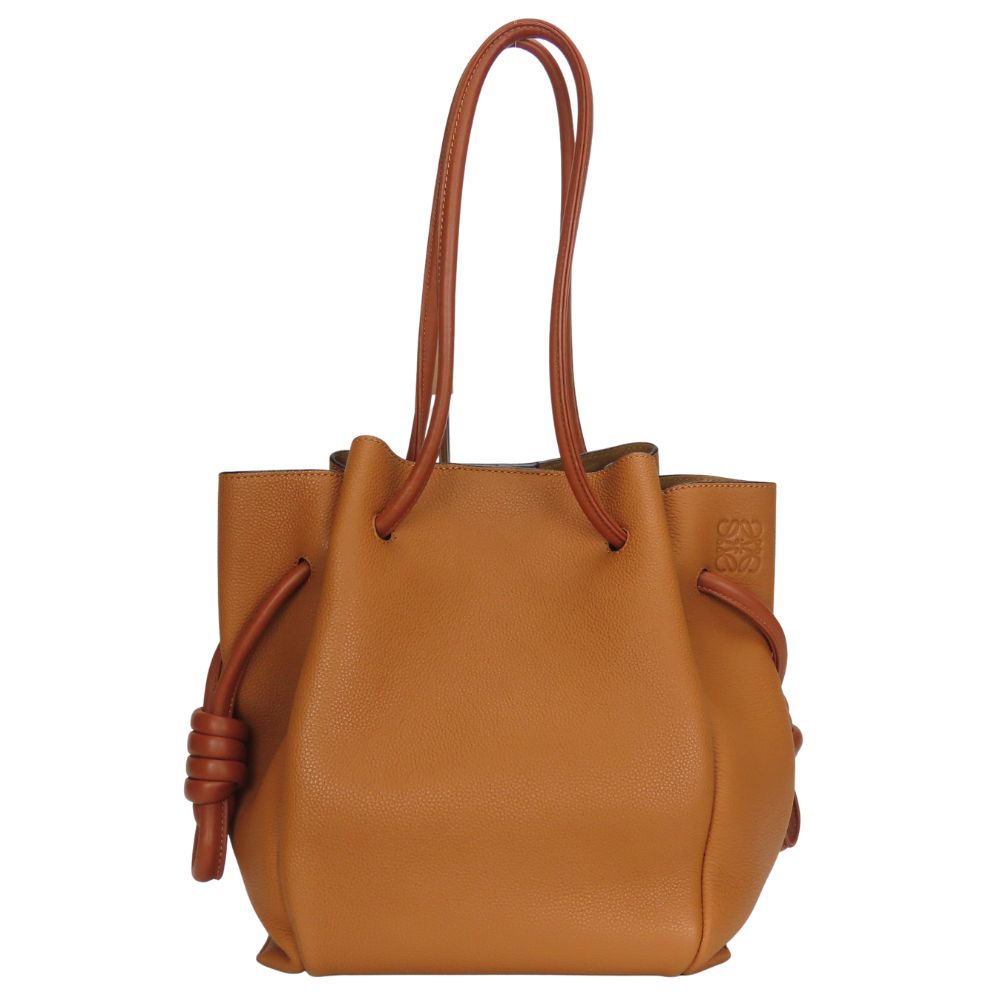 Used LOEWE Tote Bag Flamenco Knots Leather Camel Brown Anagram