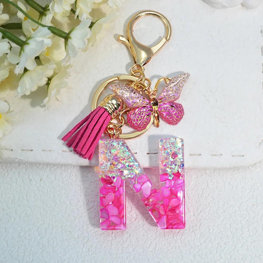 Gradient Pink Jewelry Letter Keyring Resin Letter Keychain with Fringe Butterfly DIY Bag Decoration Pendant Party Gift