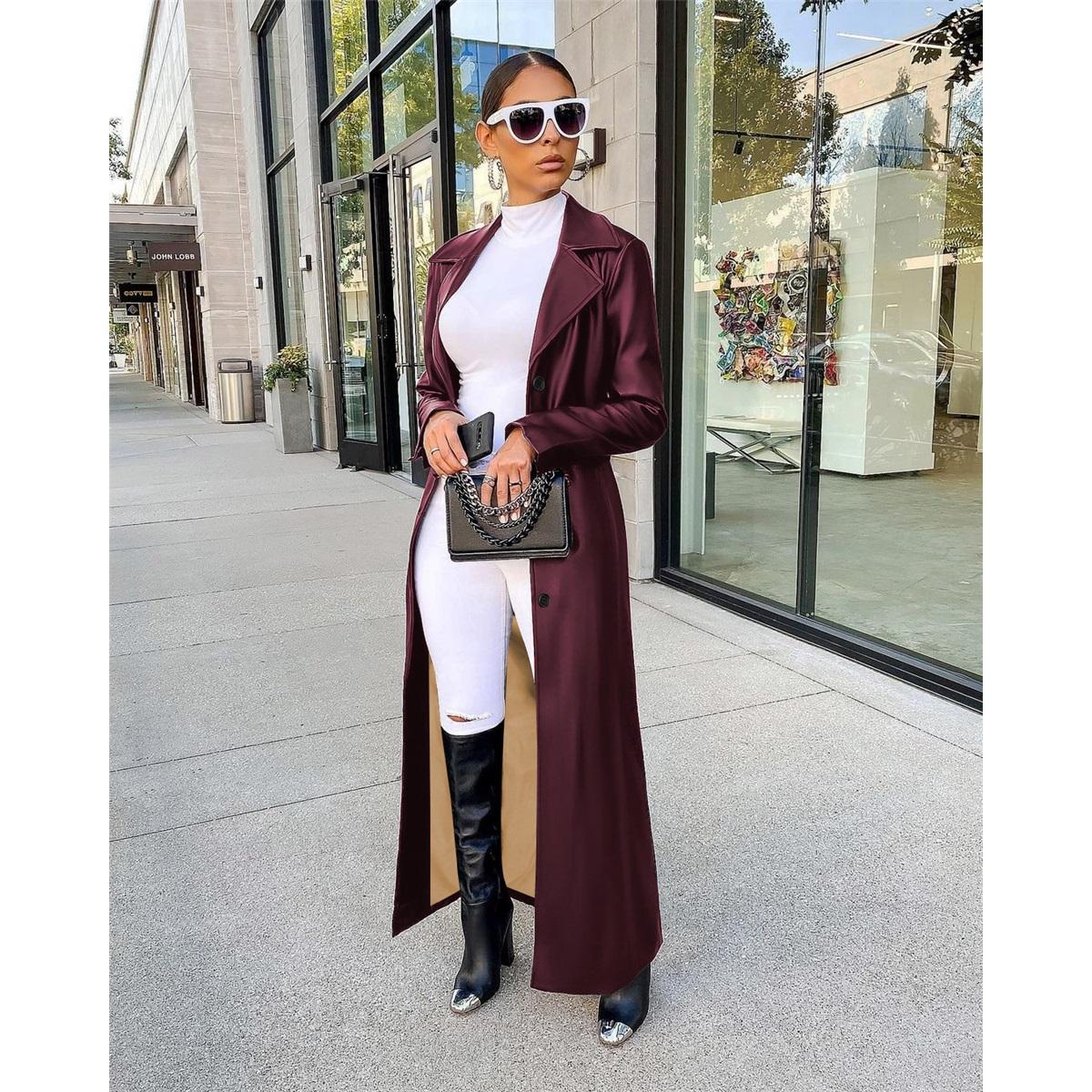 Women Faux Leather Long Trench Coat