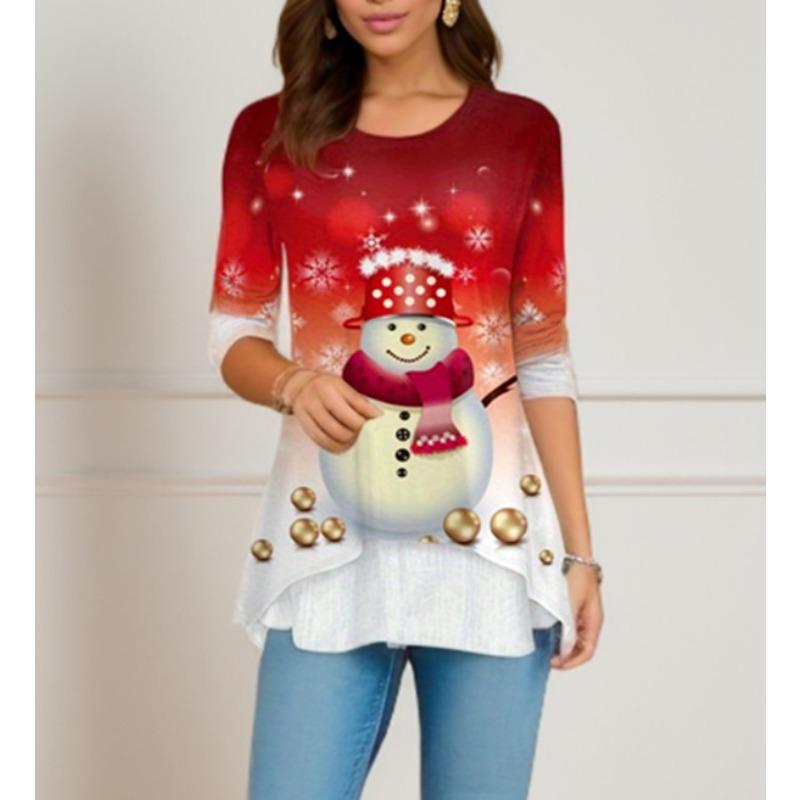 Women's Fashion Casual Spring Fall Christmas Print Long Sleeve O Neck Blouses & Shirts