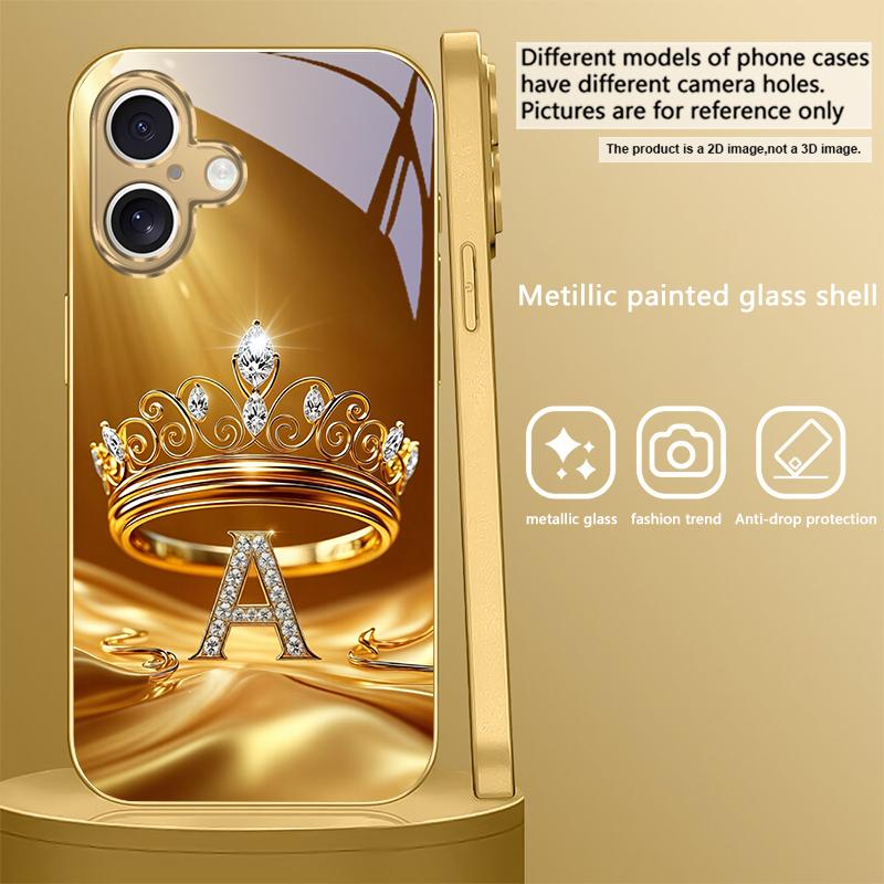 Inel Coroană Aurie Scrisoare Pentru iPhone Air 16E 15 PRO 14 13 Plus 12 mini 11 17 Pro Max XR 16 17ProMax 17Pro Carcasă Telefon Aurie din Sticlă