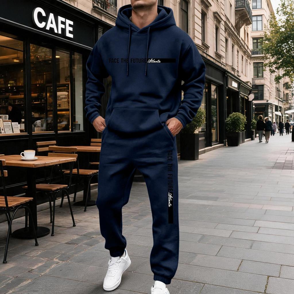 Men's Casual Letter Print Hooded Sweatshirt and Sweatpants Set, Lined 2 Piece Outfit