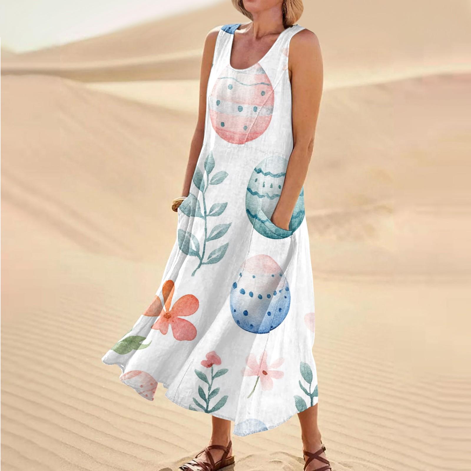 

Женское летнее повседневное модное пасхальное платье без рукавов с круглым вырезом и карманом XL небесно-голубой