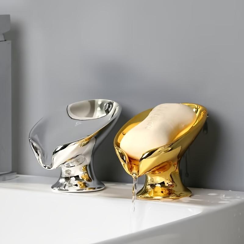 Suport Elegant pentru Săpun din Ceramică cu Frunze Aurii și Argintii, Design Oval cu Scurgere Automată pentru Organizarea Băii, Suport de Depozitare în Formă de Frunză cu Suprafață Texturată