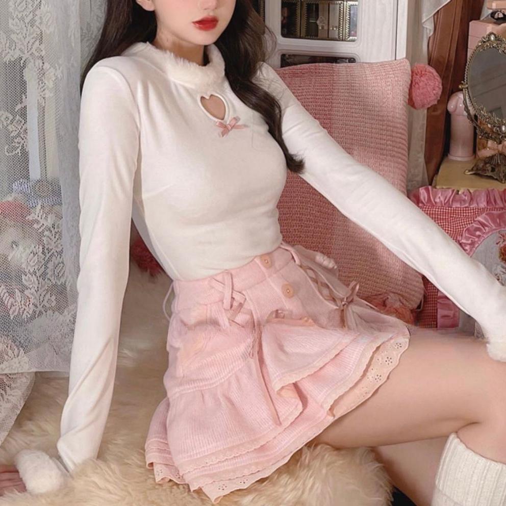VAYLA Y2k Estetická Trička s Výřezem Srdce, Ležérní s O-výstřihem, S Mašlí, Patchworková, Slim Trička Femme s Bufetovými Rukávy, Kawaii Sladké Harajuku Topy