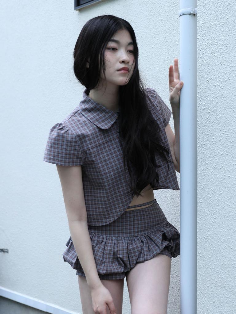 Eogeulliswedou Checkered Pumpkin Skirt Pants (Brown)