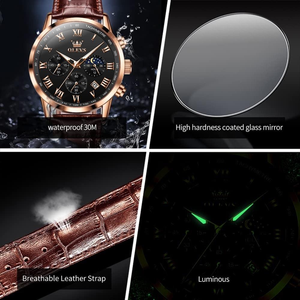 OLEVS Men's Waterproof Chronograph Watch Brown Leather Band Black Dial Roman Numerals Luminous Date Quartz