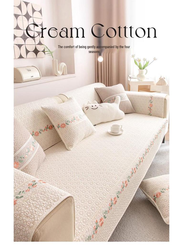 Han Pure Cotton Non-Slip Sofa Cushion, Pastoral Cream Style, Four Seasons Universal Seat Cover