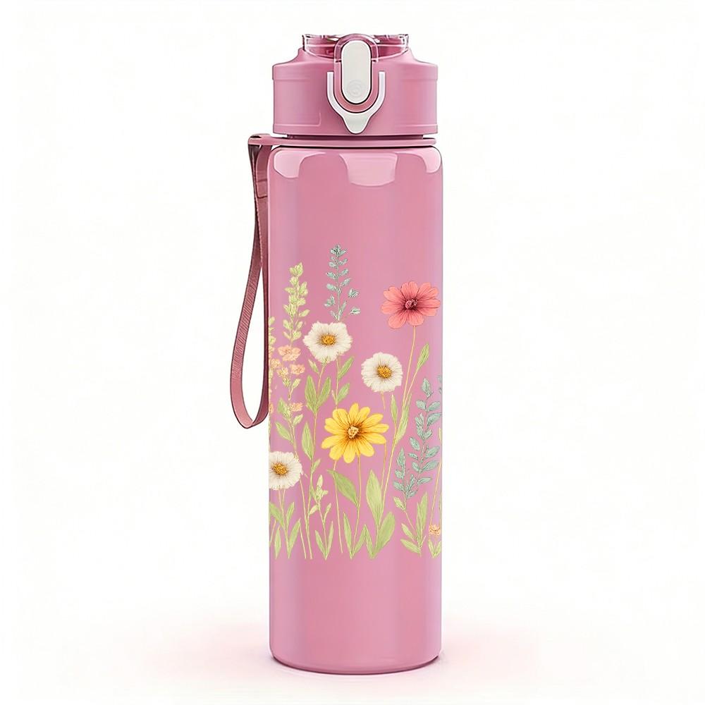 1PC Wild Daisy Bouquet Art 750ml Color Plastic Sports Water Bottle Leakproof Flip Straw Lid Suitable for Sports Office Home Use