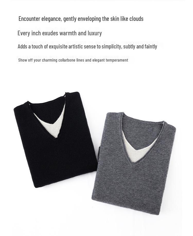 Women's Versatile Autumn V-Neck Color Block Cashmere Knit Sweater - Faux Two-Piece Loose Top