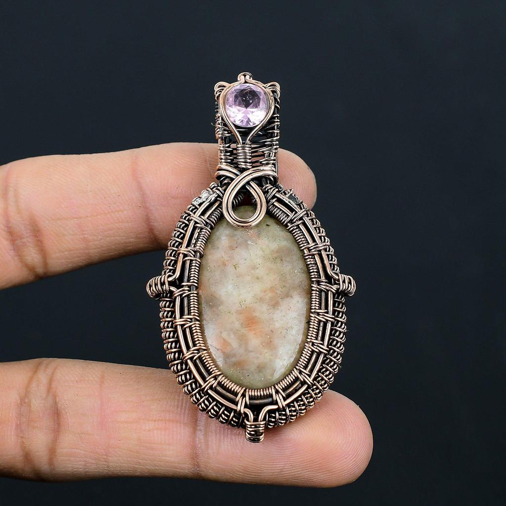Sunstone & Kunzite Gemstone Handmade Pure Copper Wire Wrapped Pendant Jewelry For Thanksgiving