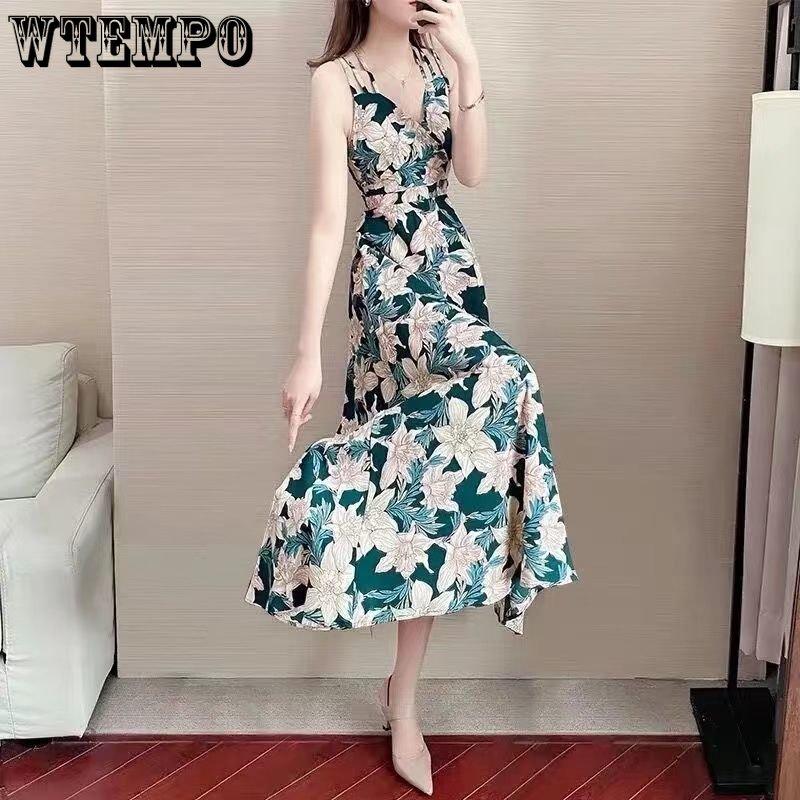 WTEMPO Summer Women's Large Size Dress Slim and Thin Floral Dress Waist-skimming Temperament Beach Dress Loose Print Floral Dress