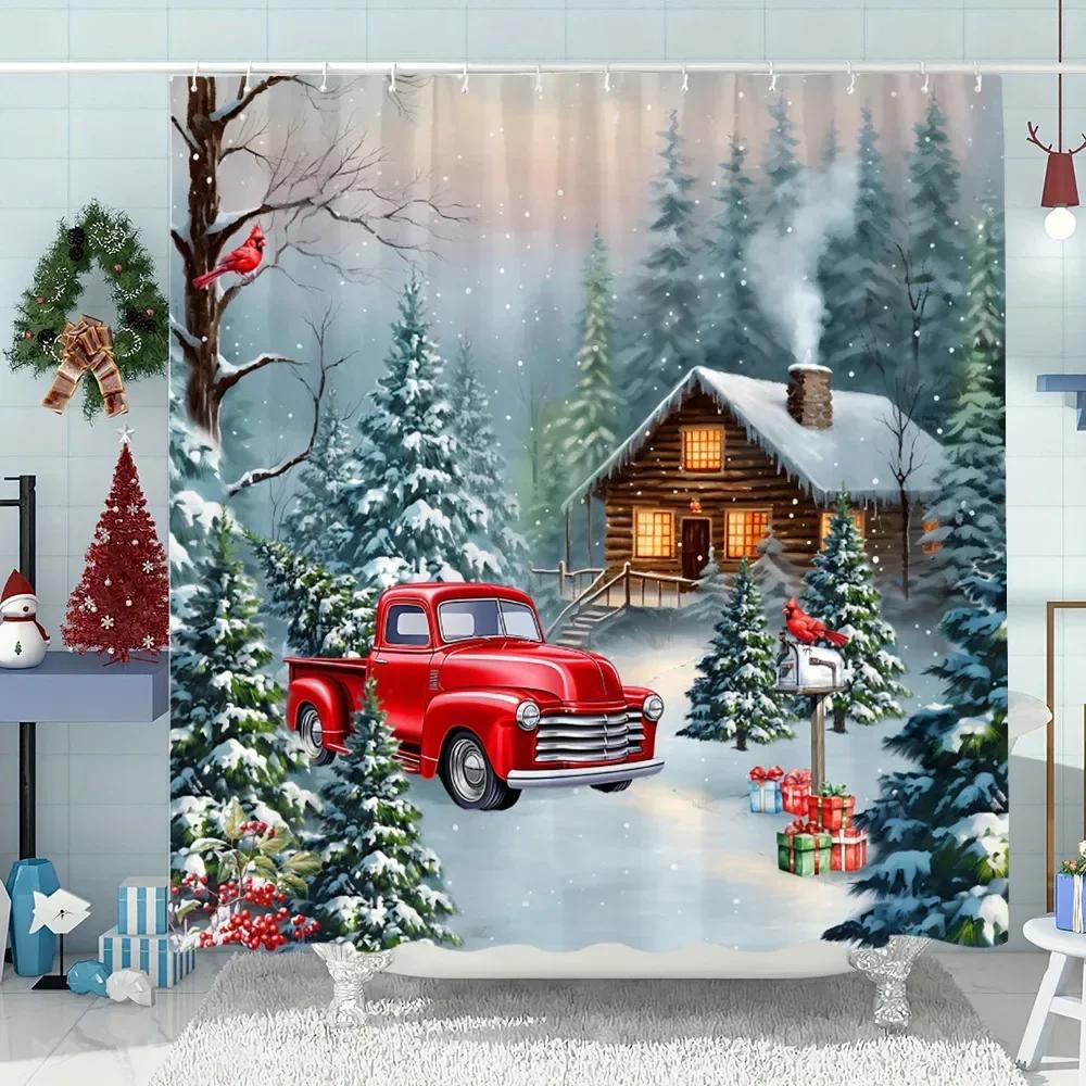 Snowman Christmas Tree Shower Curtain Merry Christmas Gift Polyester Fabric Home Shower Curtain Bathroom Decoration with Hooks