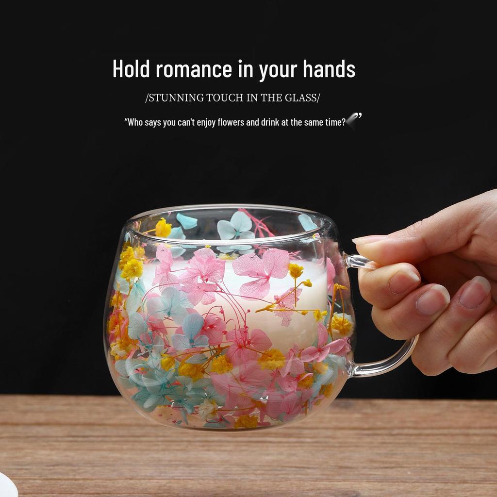 Creative Double-Layer High Borosilicate Glass Cup with Real Dried Flowers, Ideal for Milk or Juice