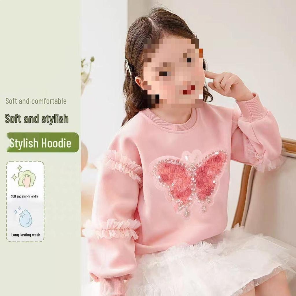 Girls' Butterfly Sequin Hoodie - Long Sleeve Mesh Top for Spring/Autumn (2026 Collection)