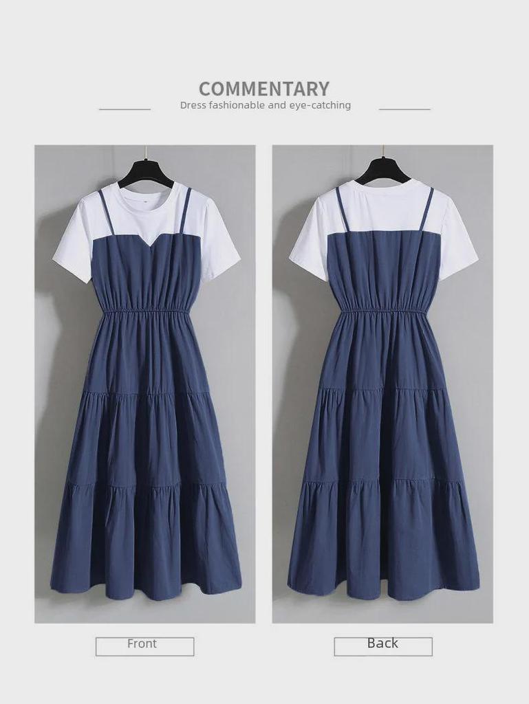 Plus Size Women's Summer Faux Two-Piece Short-Sleeve Slimming Dress