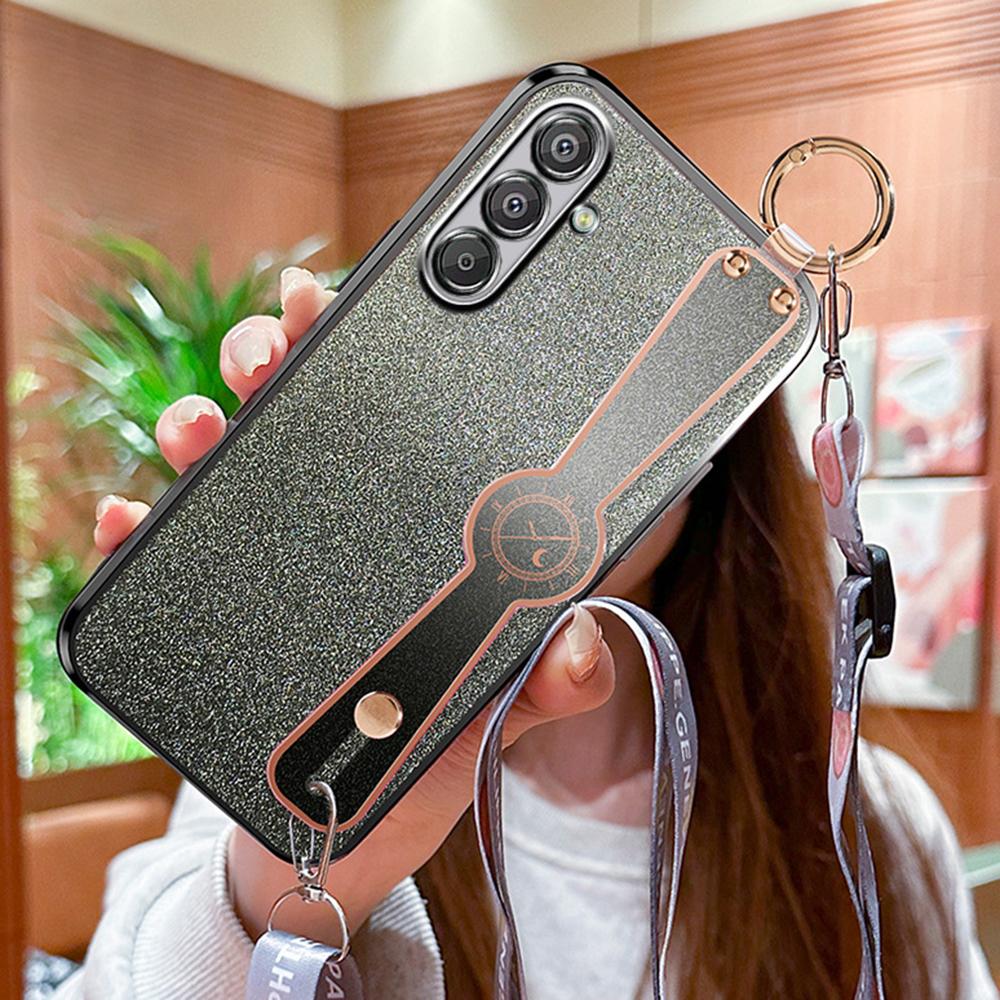 

For Samsung Galaxy A16 5G/4G Case Electroplated Glitter Hand Strap Kickstand TPU Back Cover with Shoulder Strap Black