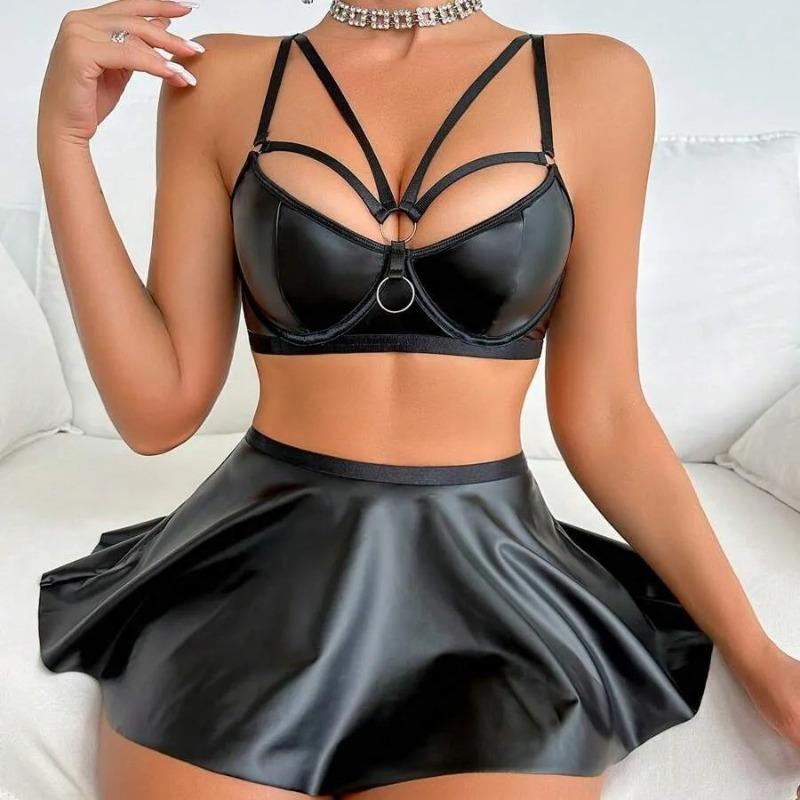 Aux Eather Lingerie Sexy Black Female Patent Leather Game Pack Three-piece Sex Lingerie