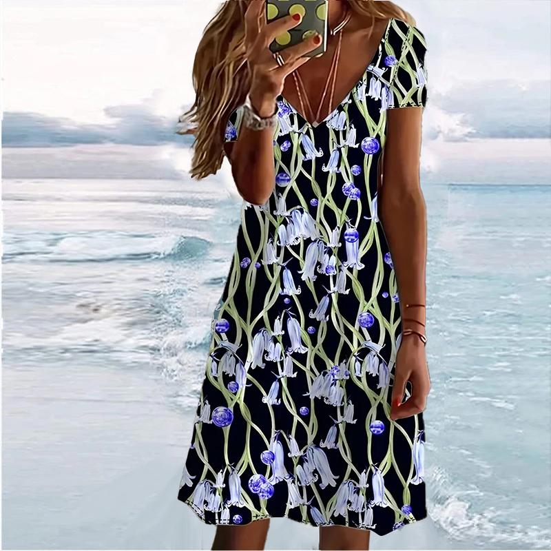 Letní móda dámské šaty s krátkým rukávem a výstřihem do V s květinovým potiskem Sex Krátká sukně