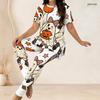 Women Plus Size Two Piece Set Round Neck Short Sleeve Cartoon Lamb Printed Top Fitted Long Pants