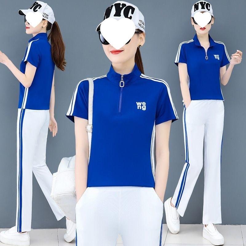 Tuta Sportiva Casual da Donna, Collo Alto, Manica Corta Moda Estiva, Pantaloni a Gamba Dritta Ringiovanenti, Set Bicolore Estetico