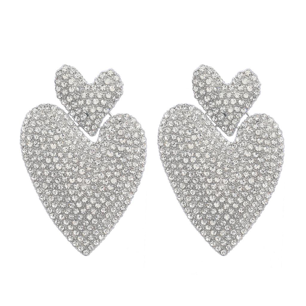 Digadagu Metallic Colorful Rhinestone Heart Earrings Women's Pop Exaggerated Dangle Earrings Party Jewelry Accessories