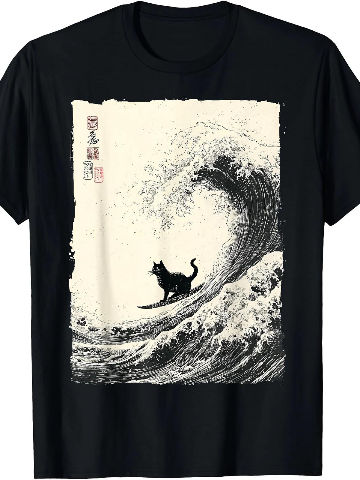 Funny Surfing Cat Great Wave Japanese Ukiyoe Art Graphic T Shirt Retro Tee XXXXL