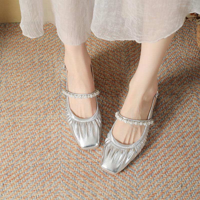 Square head shallow mouth Mary Jane high heels half bag head pearl rhinestone 2025 summer new with skirt thick heel sandals