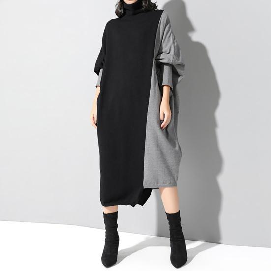 Turtleneck Batwing Long Sleeve Loose Fit Draped Women Dress Autumn Winter Contrast