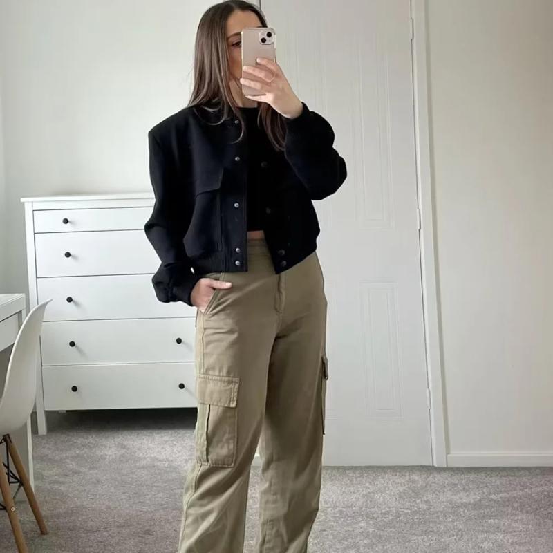 Woman Bomber Jacket White Autumn Winter Button Cropped Jackets for Women Fashion Long Sleeve Crop Outerwear