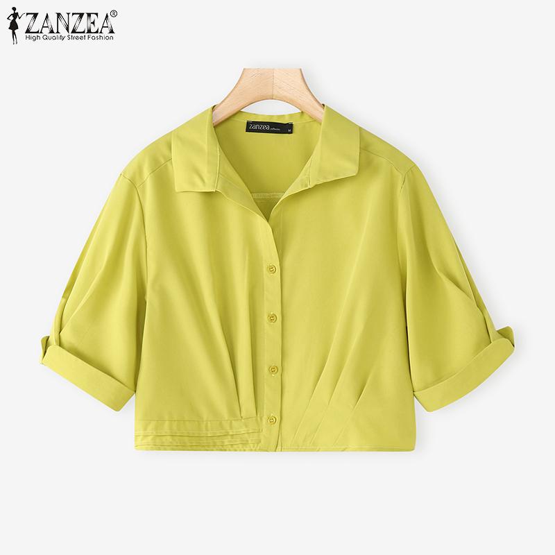 ZANZEA Women Lapel Collar Short Sleeve Buttons Casual Cropped Blouse