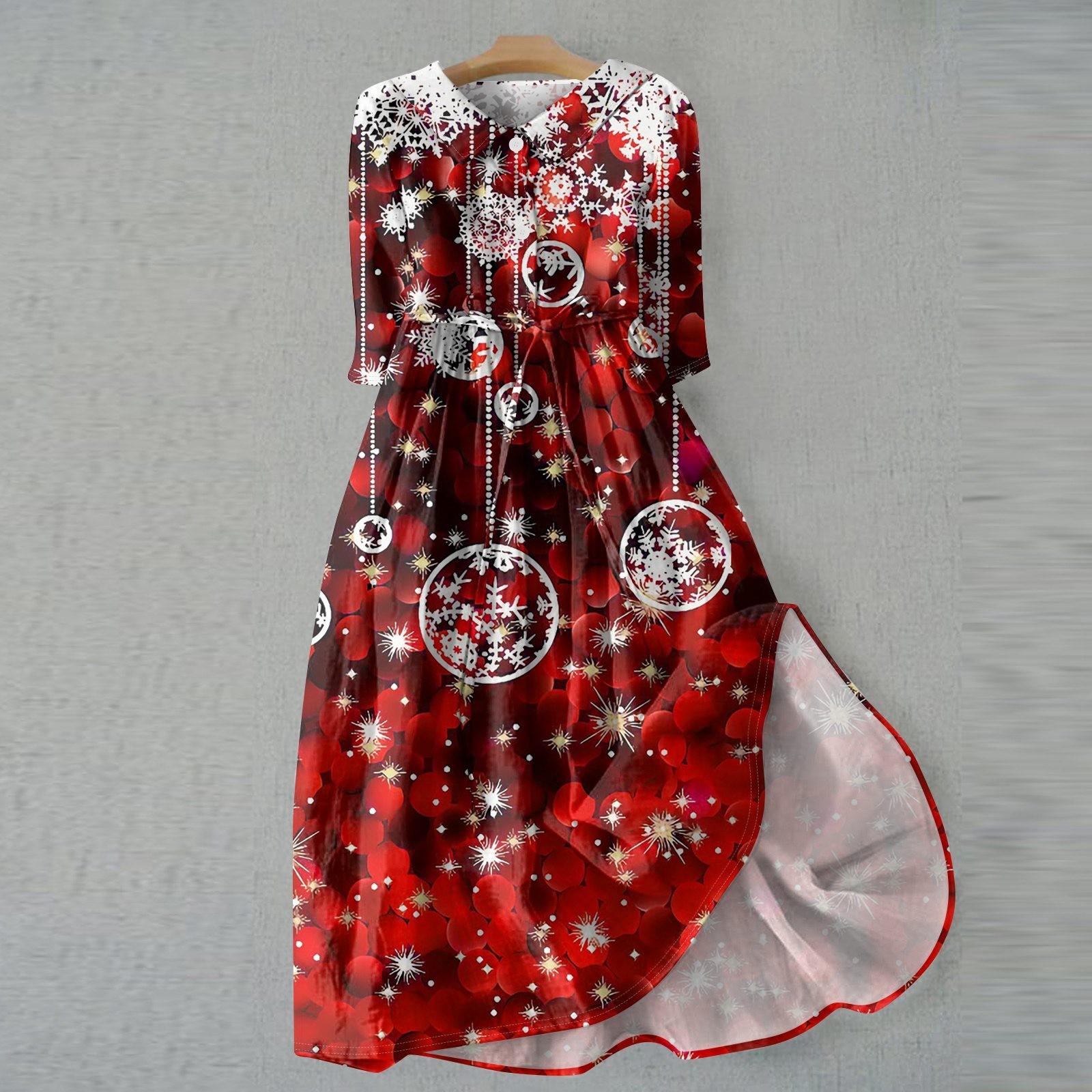 

Женское модное рождественское принтовое платье с отворотом, застегивающимся на пуговицы, рукавами-семью точками и завязками XXXL