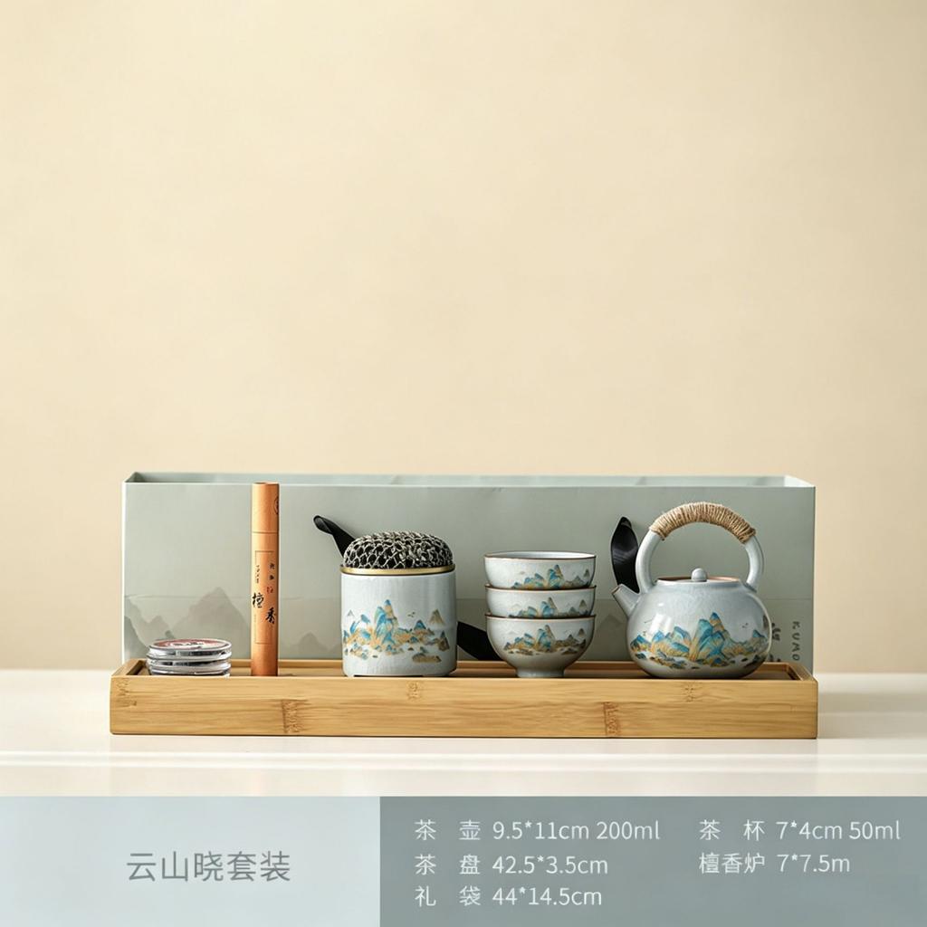 Ru kiln Kung Fu tea set with gift box, household complete set of ceramic tea set gifts, practical and anti-scalding for travel