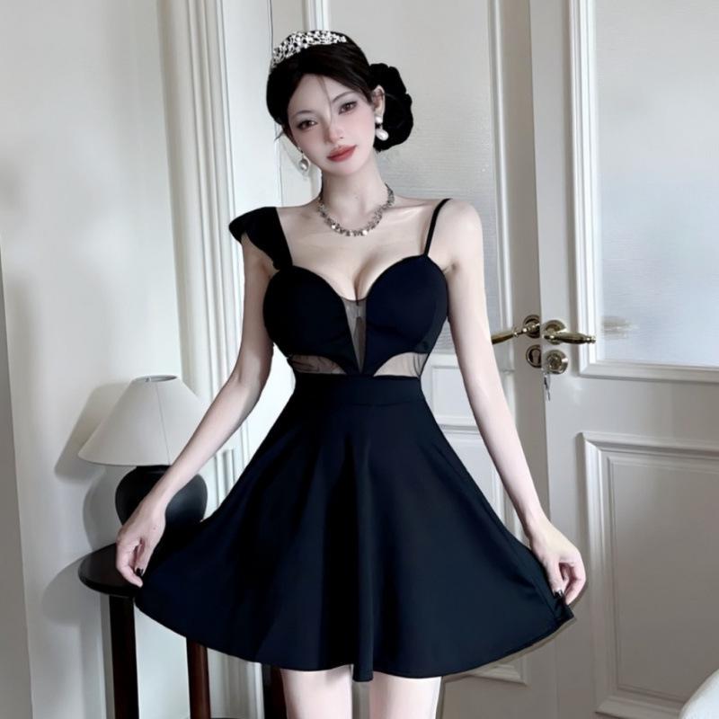 Elegant Deep V-Neck See-Through Dress with Flutter Sleeves and Slimming A-Line Skirt
