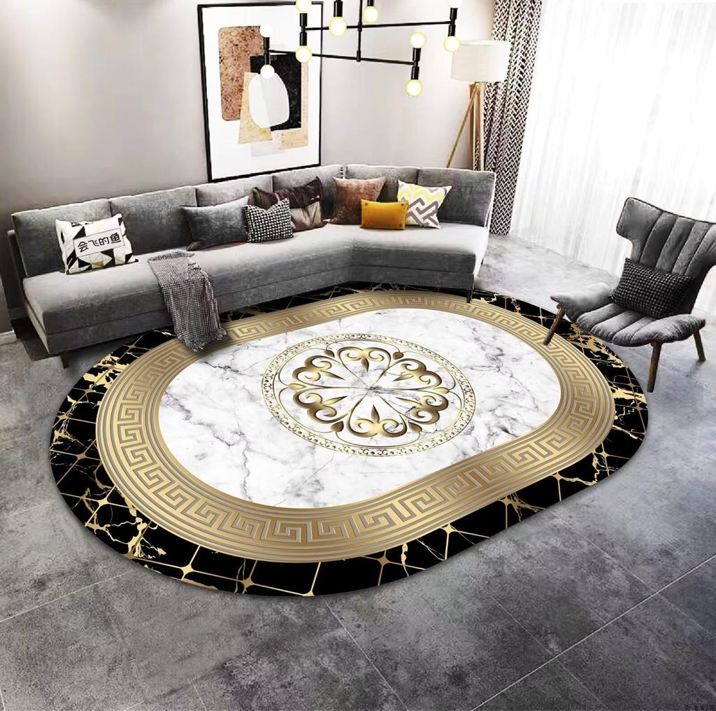Zlatá Luxusní Dekorace Domova Oválný Koberec Špičkový Velký Plošný Koberec Pod Pohovku do Obývacího Pokoje Koberec pro Dekoraci Ložnice Hotelová Hala Protiskluzová Podložka na Nohy