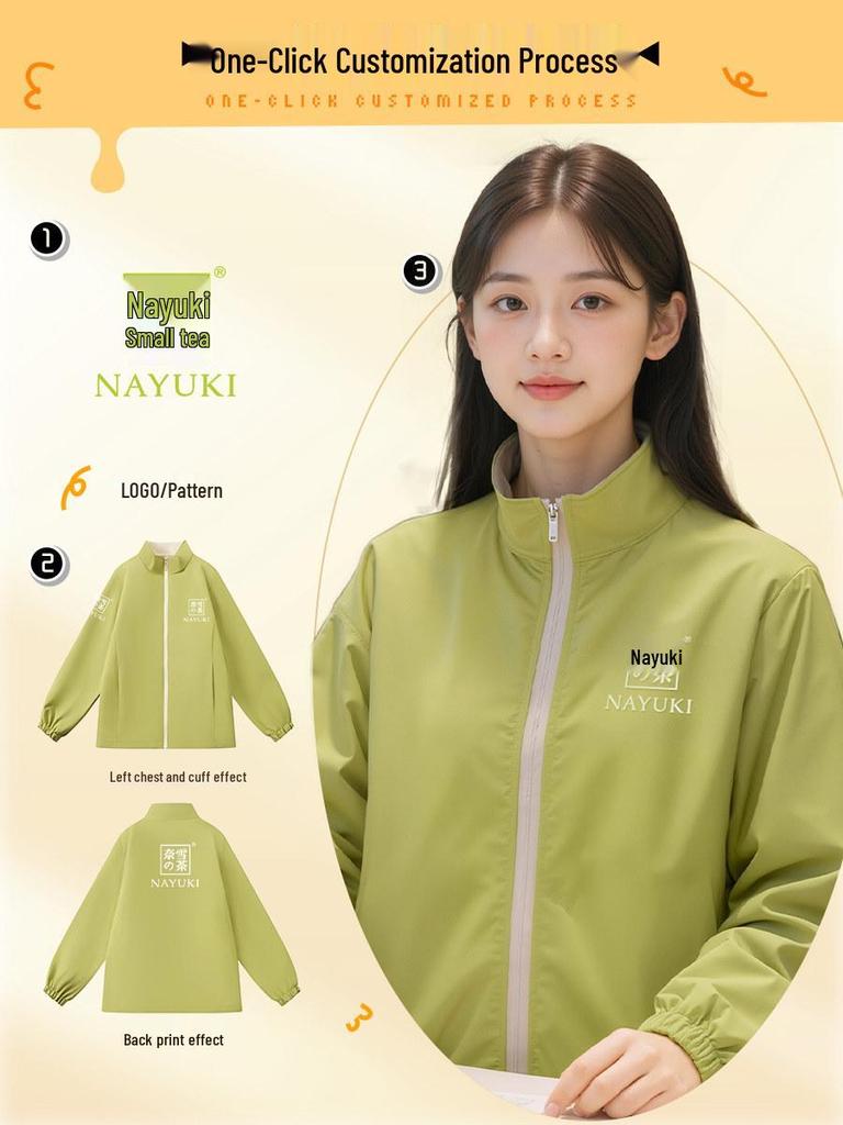 Custom Outdoor Work Jacket for Catering: Restaurant, Milk Tea, Coffee Waiter Uniform with Zipper and Logo Print.