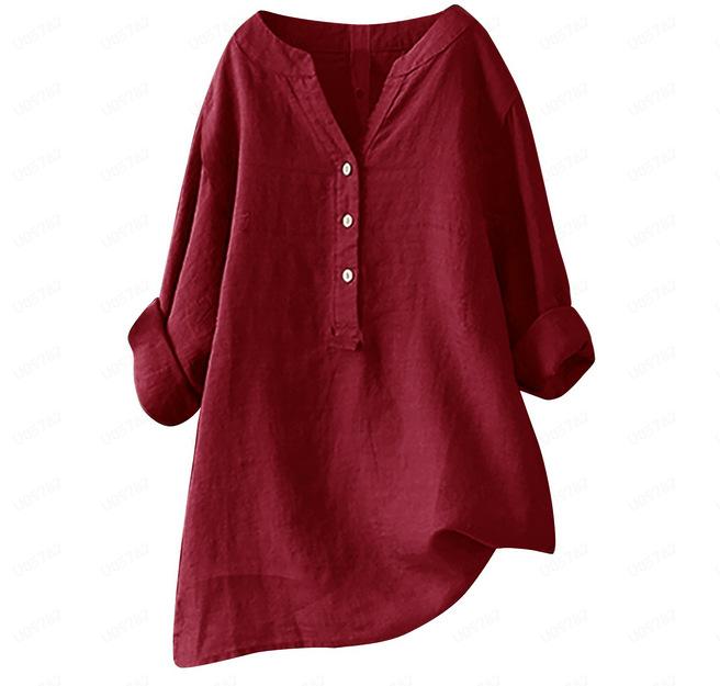 Camicia estiva taglie forti tinta unita casual in cotone e lino, camicetta vintage con tasca, abbigliamento da donna