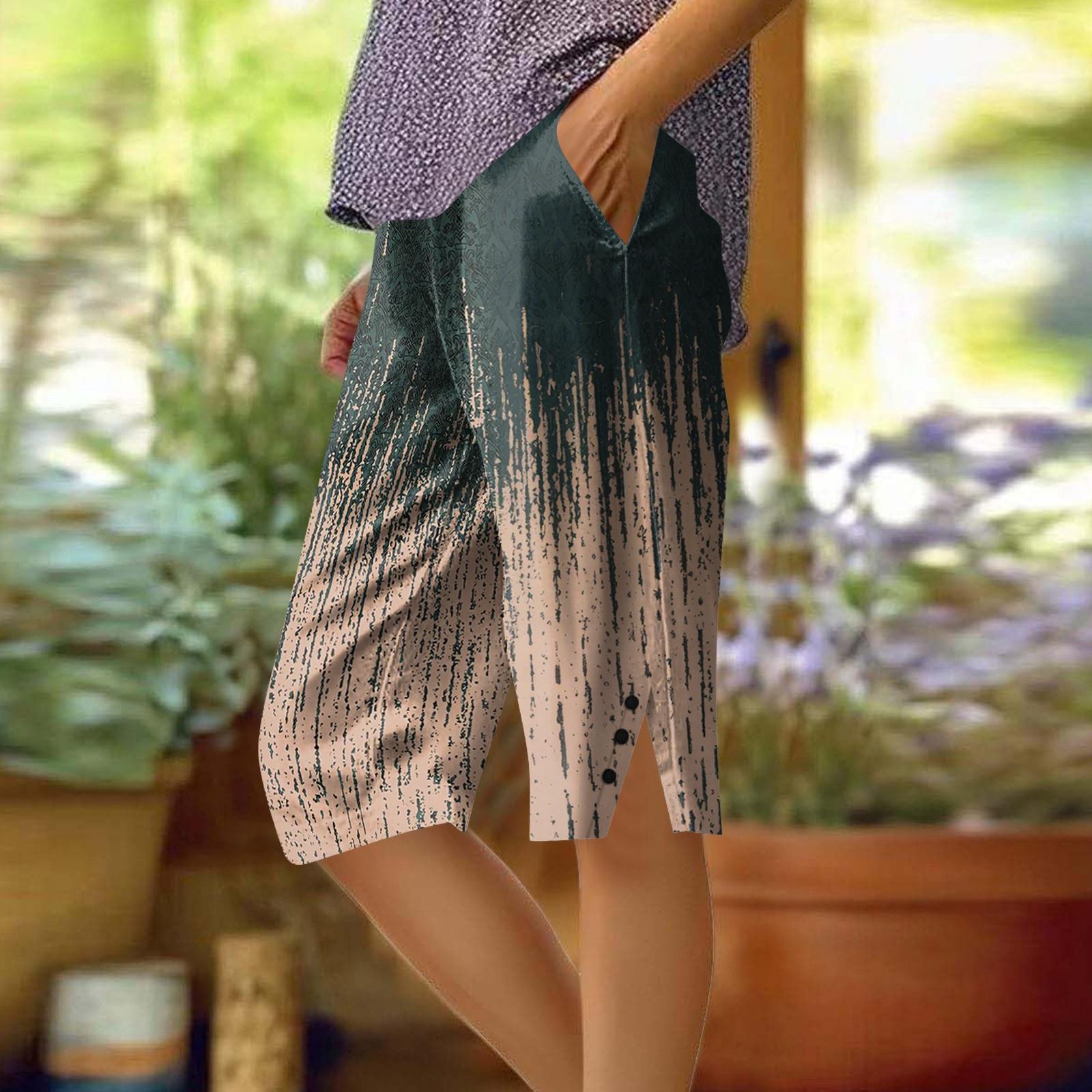 Women s Printing Pants Fashionable Pocket Elastic Waist Casual Shorts L